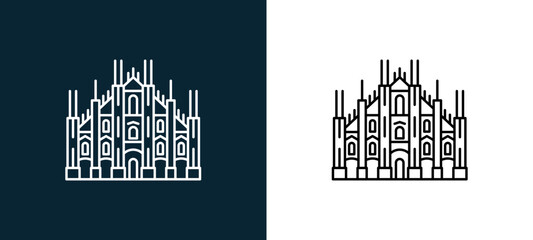 Two-color duomo di milano outline icon pair in black and white, editable stroke vector illustration for web, mobile apps, UI design, branding, and print from travelling