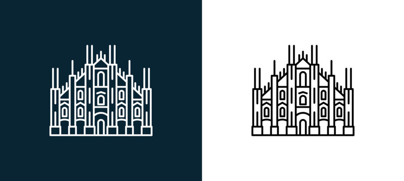 Two-color duomo di milano outline icon pair in black and white, editable stroke vector illustration for web, mobile apps, UI design, branding, and print from travelling