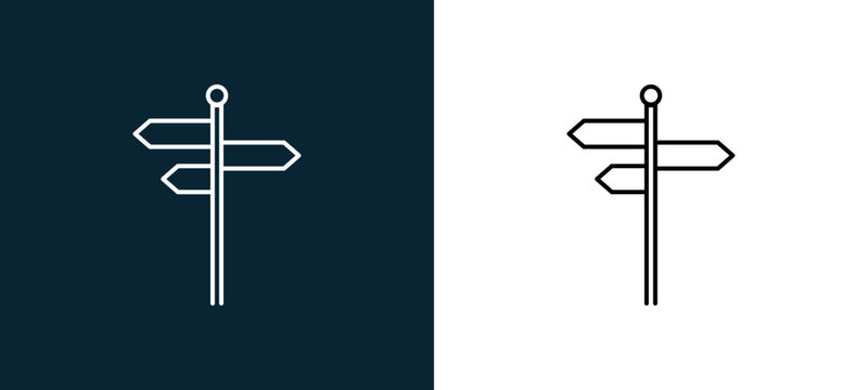 Two-color road pointer outline icon pair in black and white, editable stroke vector illustration for web, mobile apps, UI design, branding, and print from travelling
