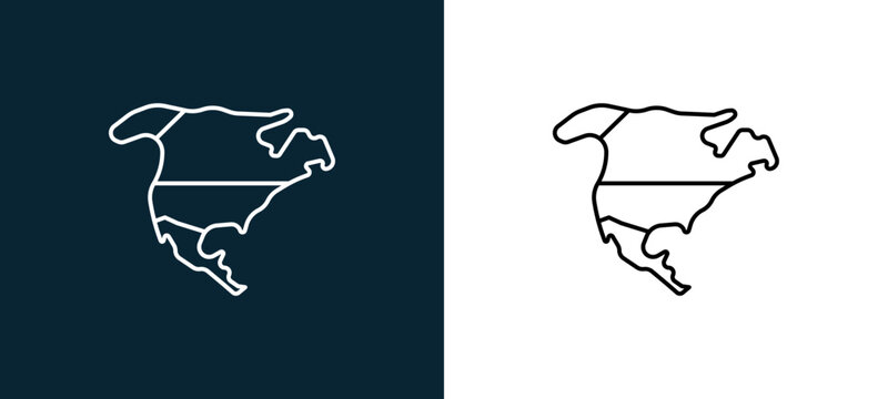 Two-color north america outline icon pair in black and white, editable stroke vector illustration for web, mobile apps, UI design, branding, and print from travelling
