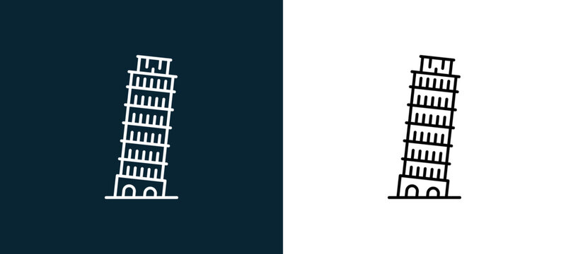 Two-color leaning tower of pisa outline icon pair in black and white, editable stroke vector illustration for web, mobile apps, UI design, branding, and print from travelling