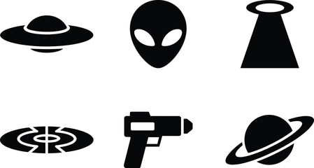 Outer space icons: ufo, alien face, planet, satellite dish, and futuristic gun, flying saucer © MSTMOZIDA