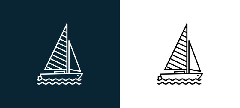 Two-color yatch sailing outline icon pair in black and white, editable stroke vector illustration for web, mobile apps, UI design, branding, and print from travelling