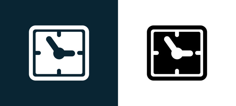 Two-color clock rectangular black tool outline icon pair in black and white, editable stroke vector illustration for web, mobile apps, UI design, branding, and print from watches