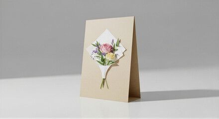 paper card with floral bouquet design, minimalist stationery on white surface