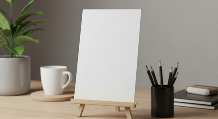 Blank canvas on wooden easel with office supplies and plant