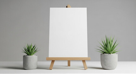 Blank canvas on easel with two potted succulents, minimalist studio setup