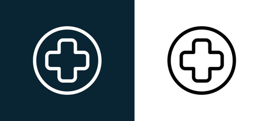 Obraz premium Two-color first aid cross in a circle outline icon pair in black and white, editable stroke vector illustration for web, mobile apps, UI design, branding, and print from body parts