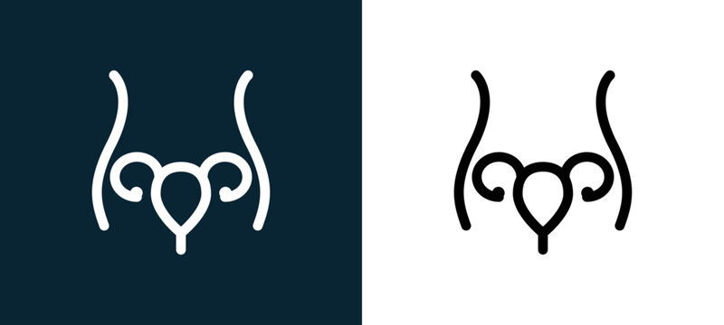 Two-color uterus and fallopian tube inside woman body outline icon pair in black and white, editable stroke vector illustration for web, mobile apps, UI design, branding, and print from body parts