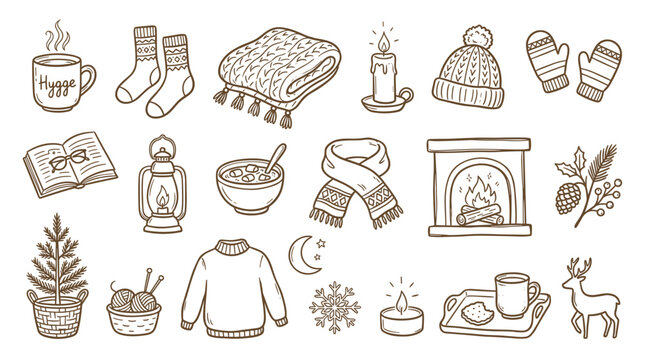 Cozy Hygge Winter Scene Elements Collection Warmth Comfort and Relaxation Symbols