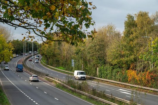 The A27 at Havant, Hampshire with vehicles moving in both directions.