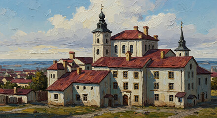 Obraz premium Old european style building complex with tiled roofs and bell towers, painted texture, bright daylight atmosphere