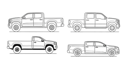 Line drawing of four dump trucks in various positions © MdNirob