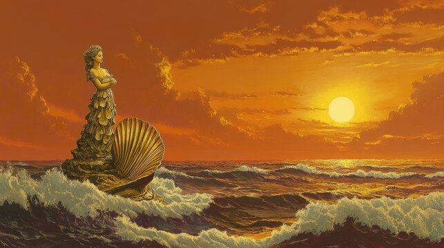 Mythical Golden Woman and Scallop Shell on Ocean Rocks, Dramatic Sunset