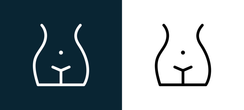 Two-color female hips and waist outline icon pair in black and white, editable stroke vector illustration for web, mobile apps, UI design, branding, and print from body parts