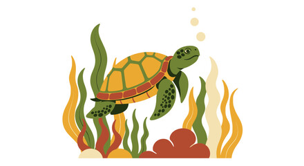 Sea Turtle Gracefully Swimming Among Vibrant Underwater Plants © Totok