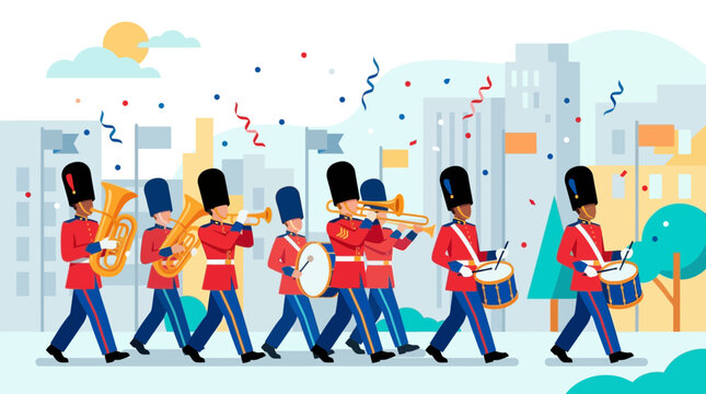 Marching Band in Red Uniforms Playing Instruments in City Parade