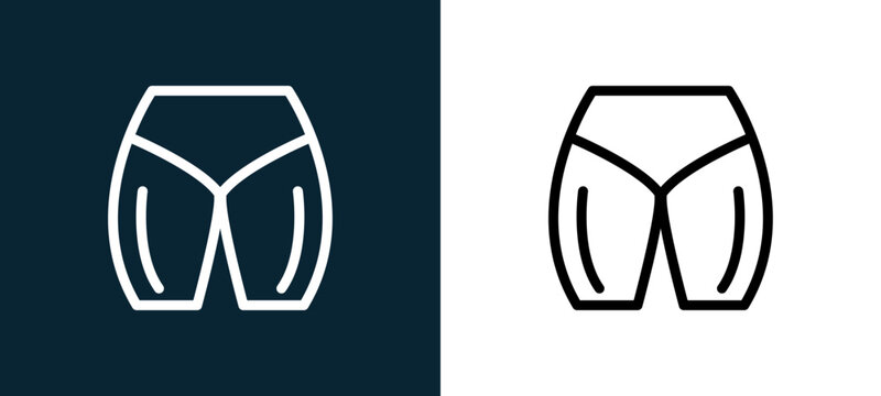 Two-color male hips and quadriceps outline icon pair in black and white, editable stroke vector illustration for web, mobile apps, UI design, branding, and print from body parts