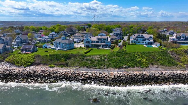 Third Cliff village aerial view at the North River mouth to the Atlantic Ocean in town of Scituate, Massachusetts MA, USA. 