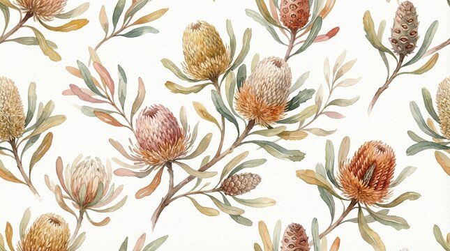 Seamless Watercolor Banksia Flower Pattern &ndash; Australian Native Botanical Repeat for Premium Decor