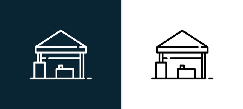 Two-color booth outline icon pair in black and white, editable stroke vector illustration for web, mobile apps, UI design, branding, and print from event