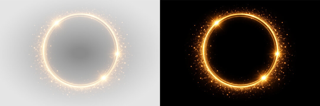 Radiant golden lens flare ring glow circle sparkle light effect png overlay element, on transparent background