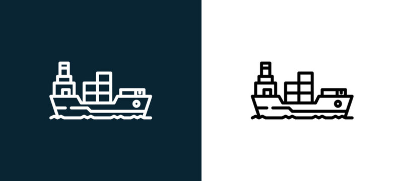Two-color cargo ship outline icon pair in black and white, editable stroke vector illustration for web, mobile apps, UI design, branding, and print from industrial process