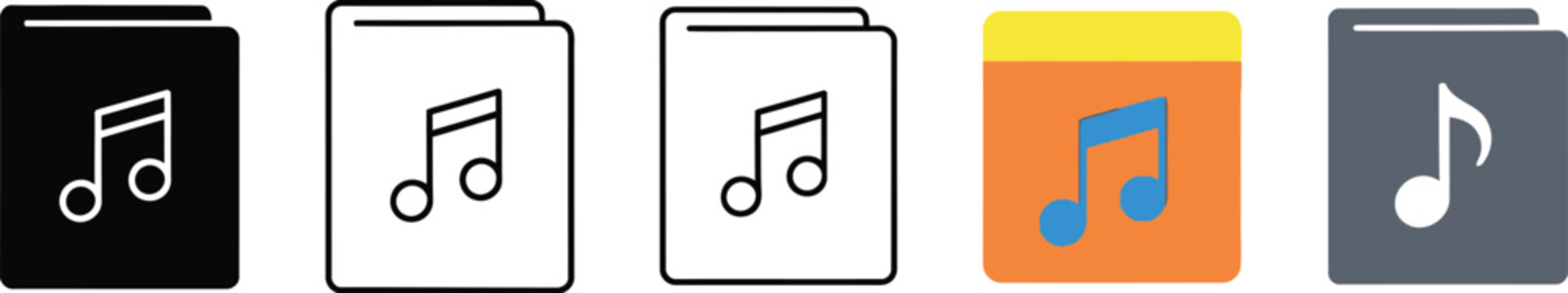 Music album icons vector set featuring various minimalist folder designs for digital audio files or media library user interface elements