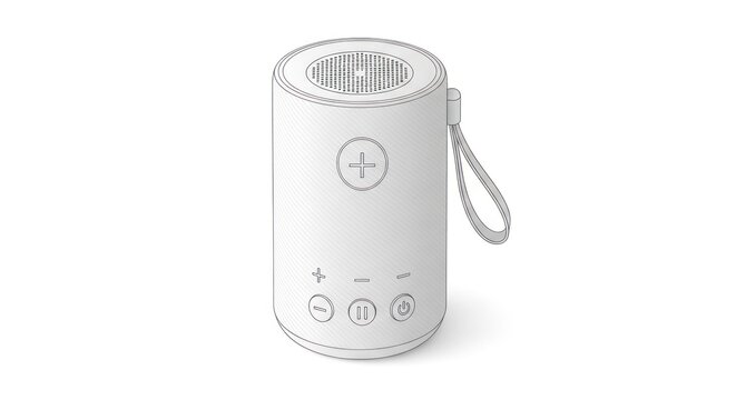 White portable Bluetooth speaker illustration on clean background, including plus, minus, play/pause and power icons.