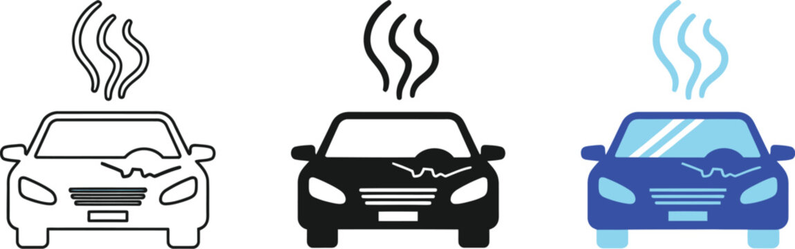 Car breakdown vector illustration graphic showing an overheated vehicle with smoke coming from its engine design concept.