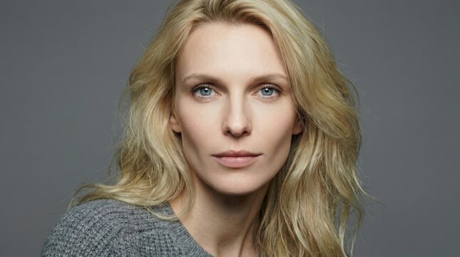 Portrait of a blonde woman. She exudes calm confidence and grace.