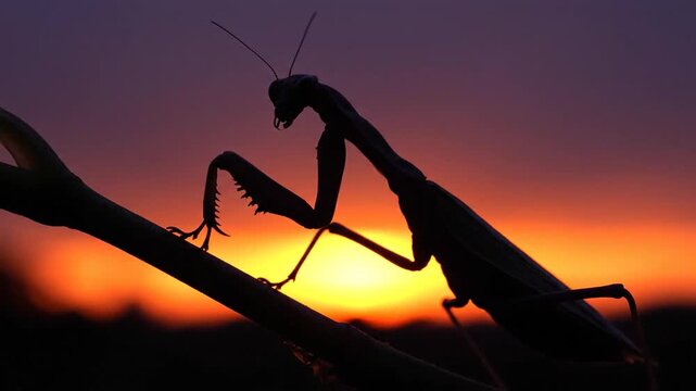 Elegant Praying Mantis Strikes A Poised Silhouette Against Sunset