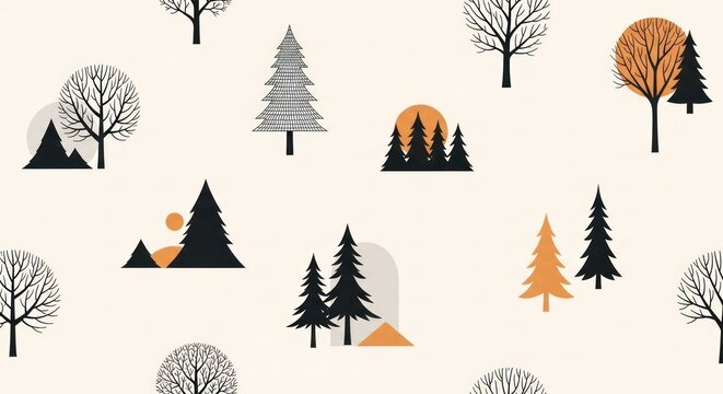 Minimalist pattern with trees, fir trees, sun shapes, and mountains in a cream background, simple and serene landscape illustration.