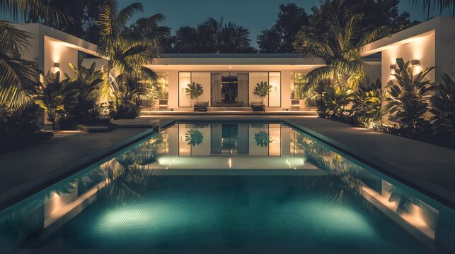 Modern luxury villa with pool at sunset. Contemporary architecture for elite real estate. Elegant evening lighting and water reflection.