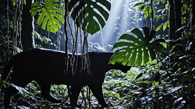 Stealthy Panther Moves Through Moonlit Jungle Foliage