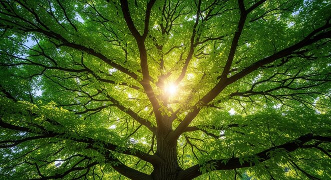 A large tree viewed from below, thick trunk splitting into branches with lush green leaves. Sunlight filters through the canopy, creating natural glow. Perfect for nature themes.
