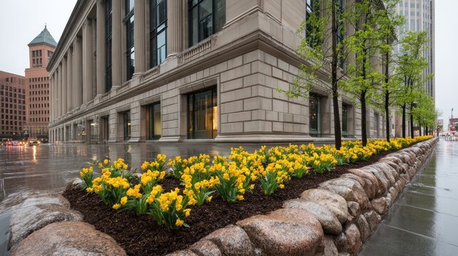 Impressive stone facade building features a retaining wall planted with bright yellow blossoms alongside a wet city pavement.