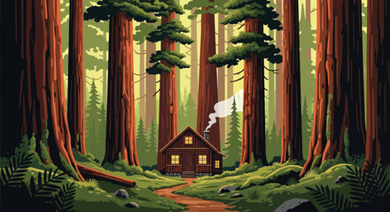 Obraz premium Cozy wooden cabin nestled deep within a serene forest