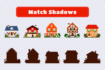 Fototapeta premium Educational game for kids on transparent background. Match shadows: houses.Preschool educational activity worksheet.Illustration for kids books and workbooks. Logical quest for children. Vector