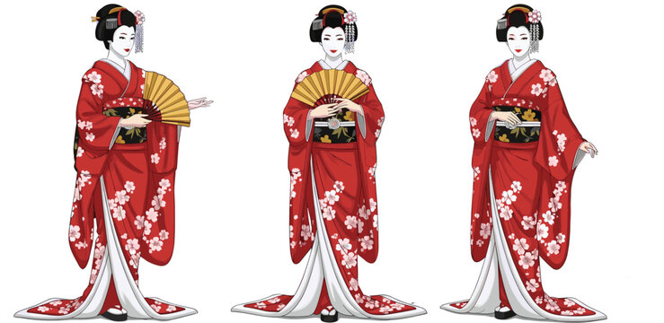 Traditional Japanese Geisha in Kimono Vector Illustration Set with Red Floral Kimono, Fan and Japanese Culture Characters Collection