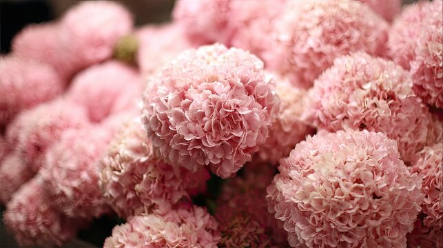 Numerous pale pink spherical blossoms crowd the frame in a close up view