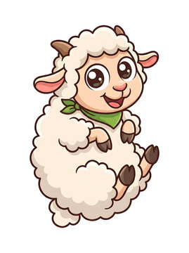 Adorable fluffy cartoon lamb with a friendly smile, wearing a vibrant green bandana, depicted sitting playfully, perfect for cheerful farm animal concepts