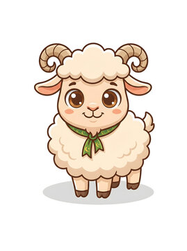 An adorable fluffy cartoon sheep with charming big eyes and a cheerful green ribbon, standing gracefully on a clean white background, perfect for children's projects