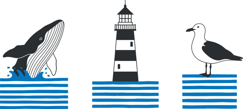 A black and white drawing of a whale a lighthouse and a seagull