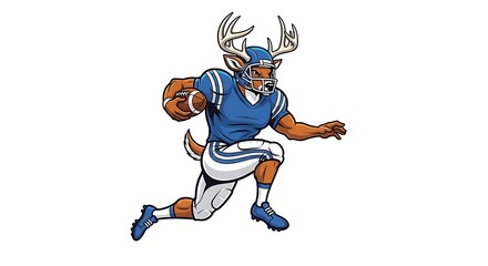 Obraz premium A cartoon moose wearing a blue football uniform and running with the ball