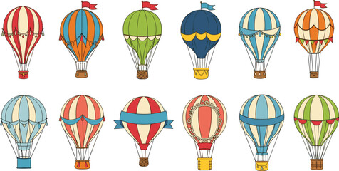 Fototapeta premium Colorful Hot Air Balloon Icon Set Featuring Vintage Striped Designs for Travel, Adventure, Aviation, Festival, and Sky Transportation Illustration