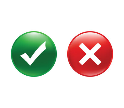 Glossy green check mark and red cross icons in shiny circles for approval and rejection.