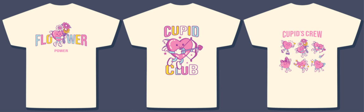 Pastel T-shirt designs with groovy cupid heart illustration and trendy typography. Fun slogans 'Flower Power' and 'Cupid Club' in retro style.