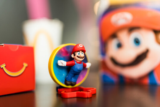 Bangkok, Thailand - April 3, 2026 : McDonald's Super Mario Galaxy Movie Happy Meal, The figures have a ring loop