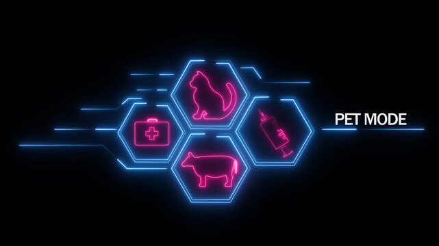 Neon glowing of a cat cow medical kit and syringe arranged in hexagons with blue circuit lines and the text PETMODE on a dark background